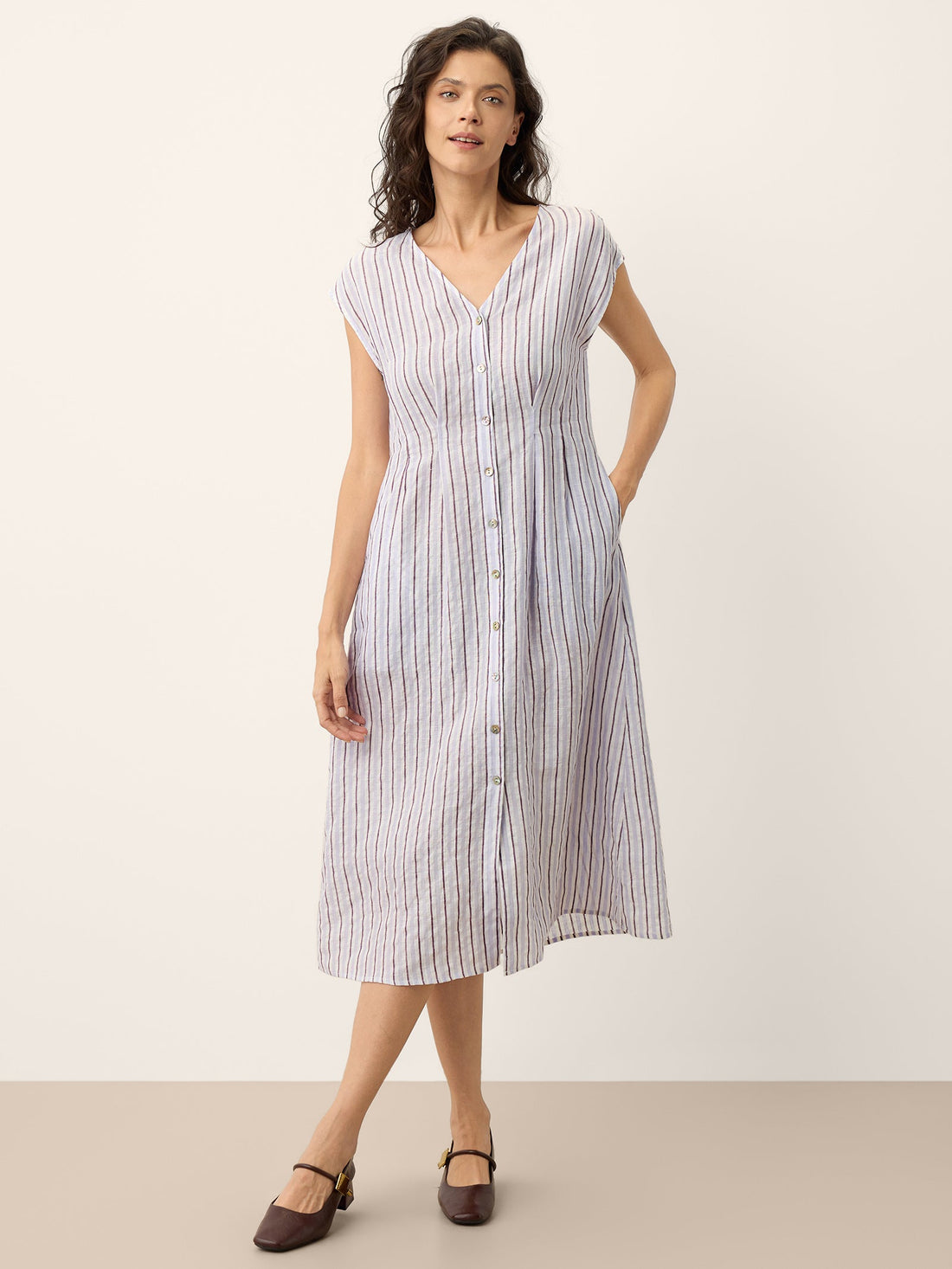 100% Linen Striped Tailored Cap Sleeve Midi Dress AGNES by LINTICO