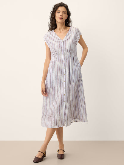 100% Linen Striped Tailored Cap Sleeve Midi Dress AGNES by LINTICO