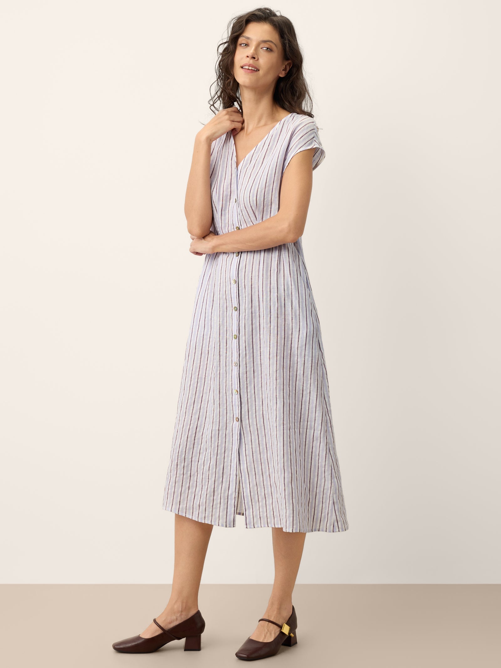 100% Linen Striped Tailored Cap Sleeve Midi Dress AGNES by LINTICO