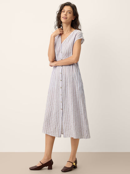 100% Linen Striped Tailored Cap Sleeve Midi Dress AGNES by LINTICO