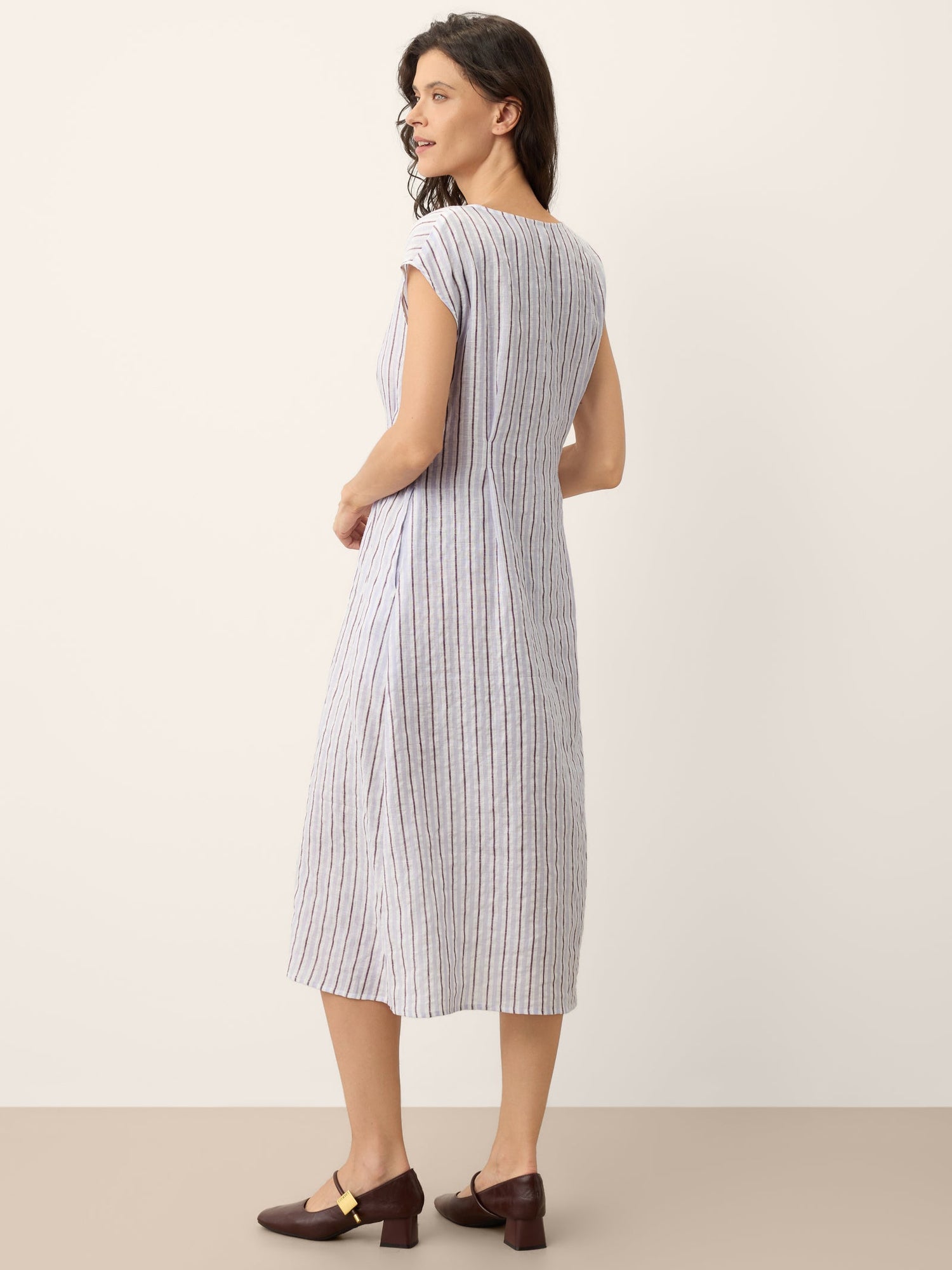 100% Linen Striped Tailored Cap Sleeve Midi Dress AGNES by LINTICO