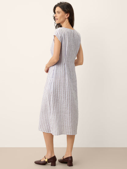 100% Linen Striped Tailored Cap Sleeve Midi Dress AGNES by LINTICO