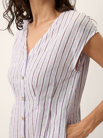 100% Linen Striped Tailored Cap Sleeve Midi Dress AGNES by LINTICO