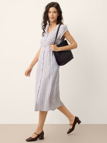 100% Linen Striped Tailored Cap Sleeve Midi Dress AGNES by LINTICO