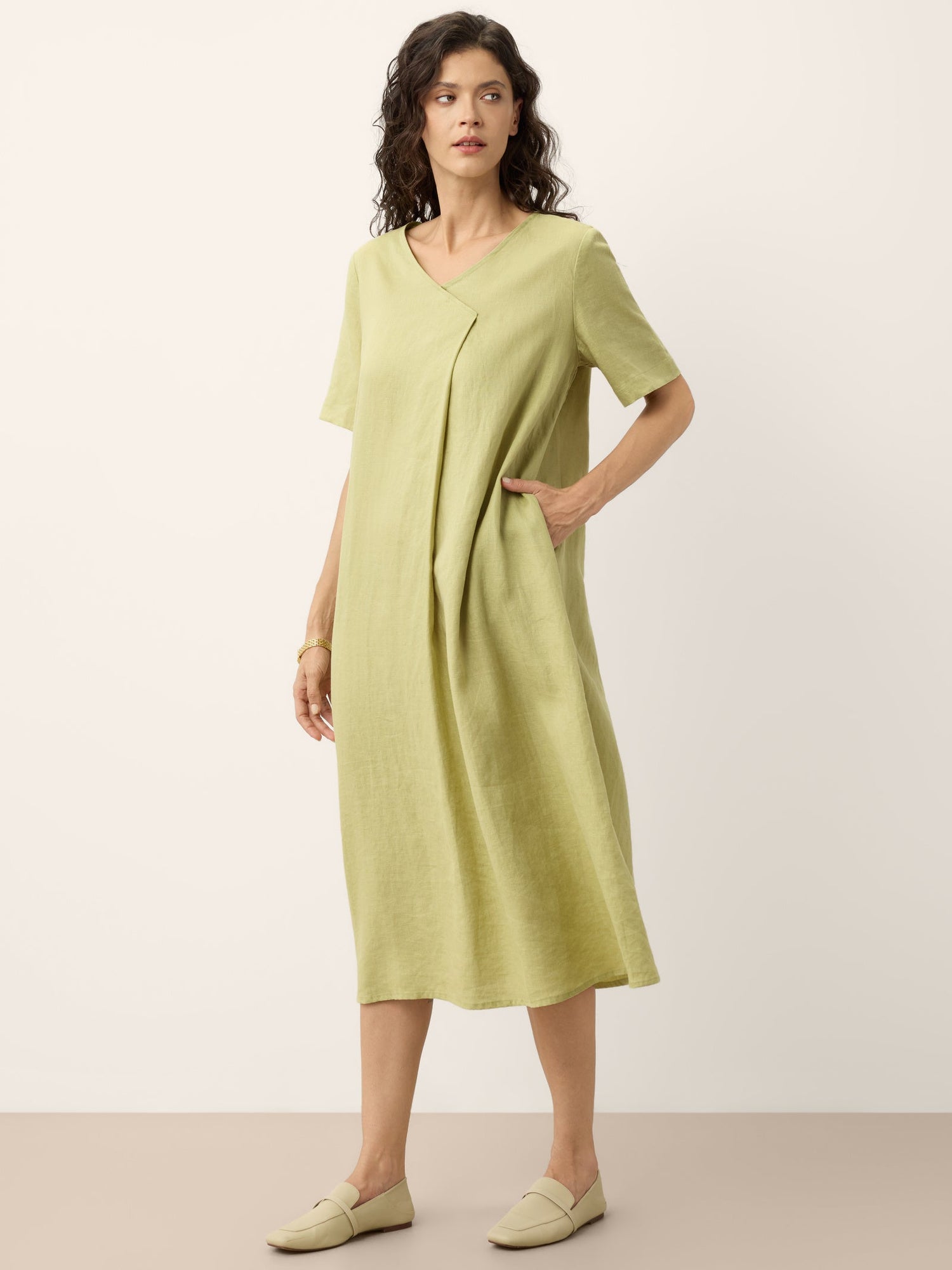 100% Linen Surplice Neck A Line Midi Dress JUDITH by LINTICO