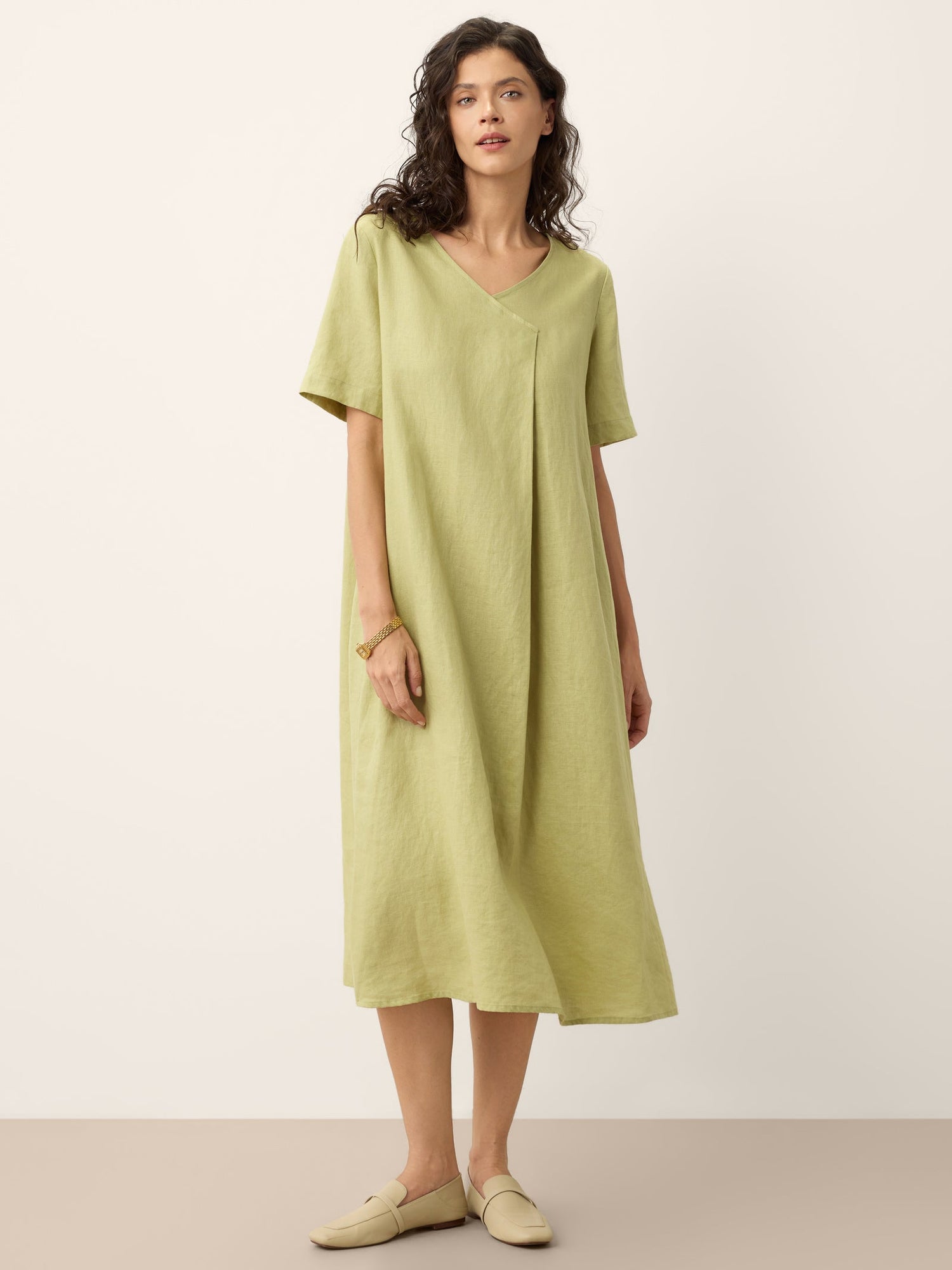 100% Linen Surplice Neck A Line Midi Dress JUDITH by LINTICO