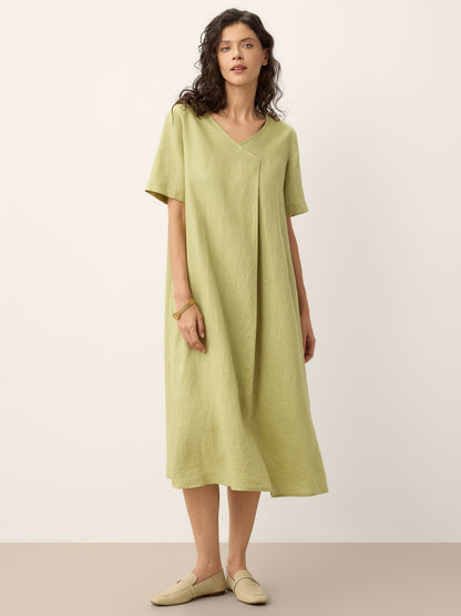 100% Linen Surplice Neck A Line Midi Dress JUDITH by LINTICO
