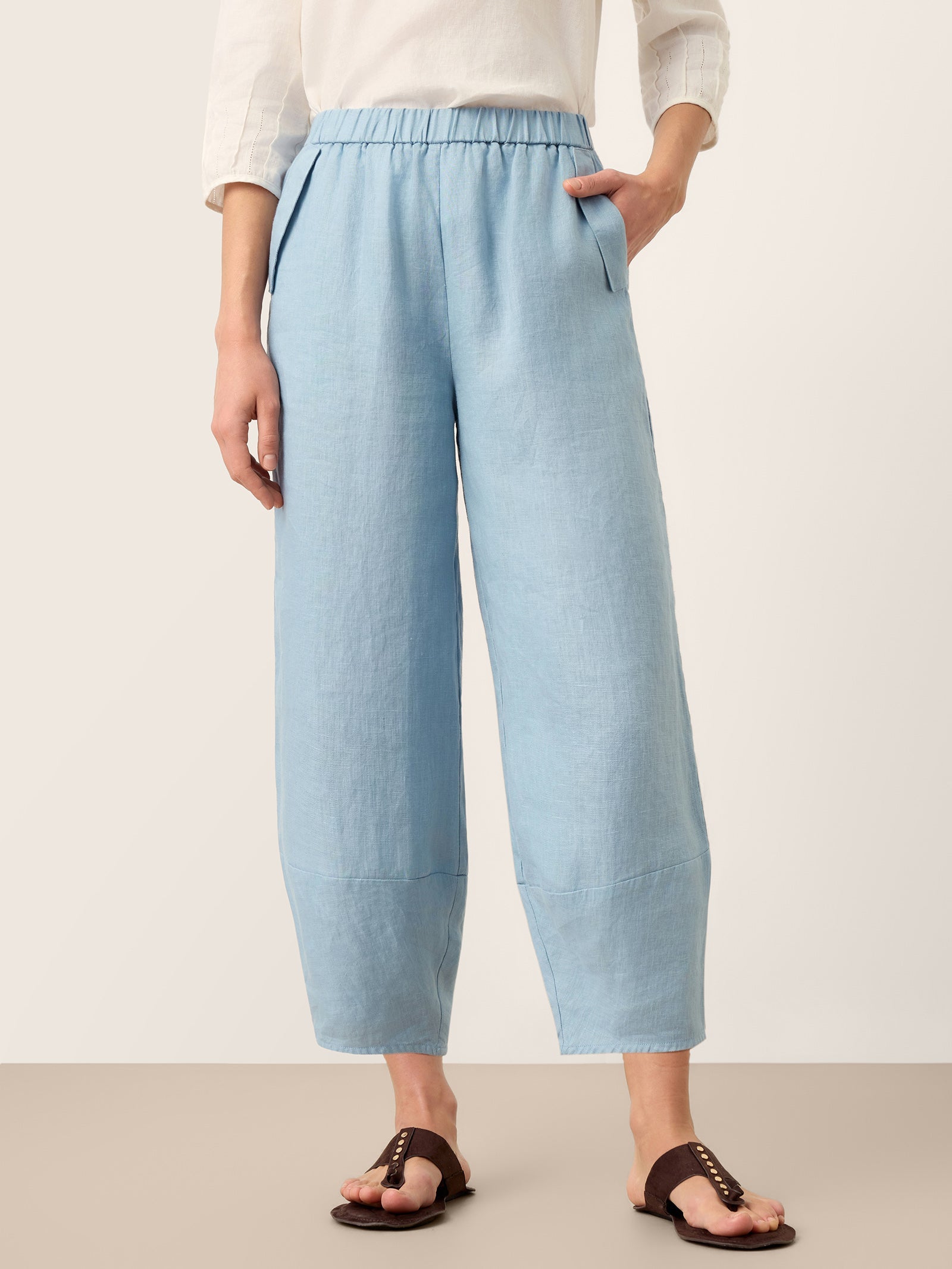 100% Linen Tapered Cropped Pull-On Trousers LORETTA by LINTICO