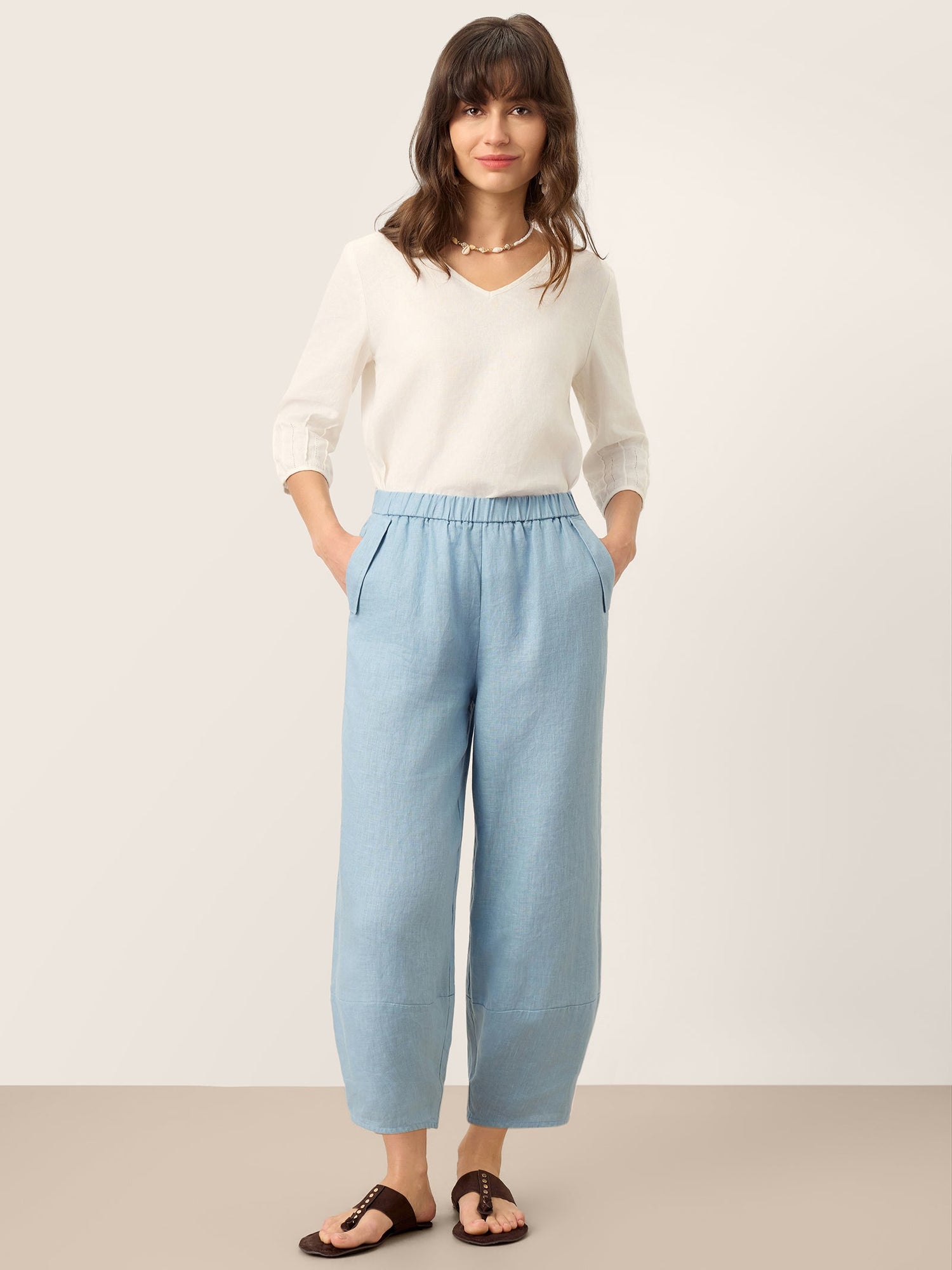 100% Linen Tapered Cropped Pull-On Trousers LORETTA by LINTICO