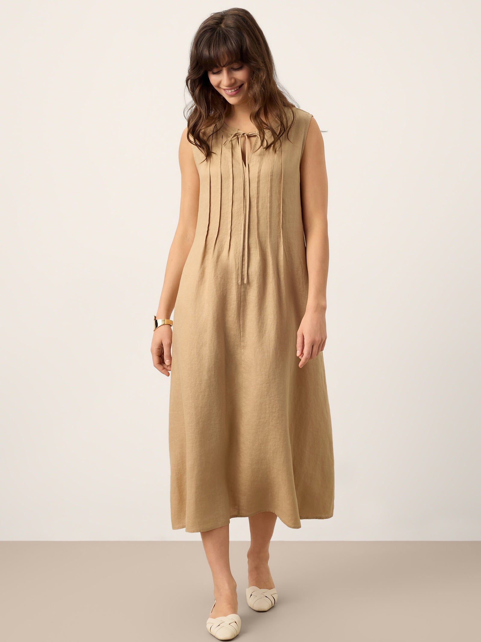 100% Linen Sleeveless Tie-Neck Pintucked Midi Dress MILLICENT by LINTICO