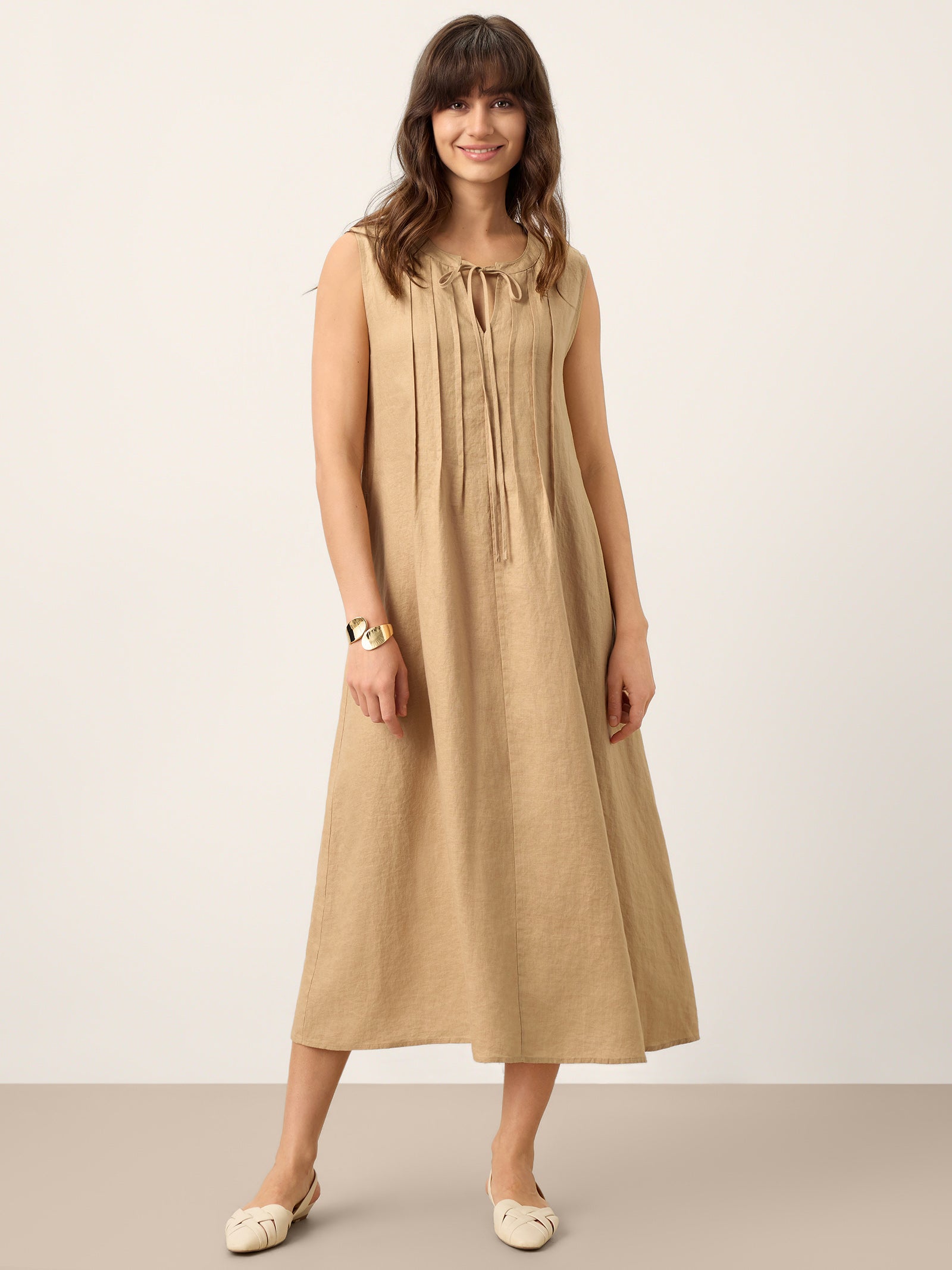 100% Linen Sleeveless Tie-Neck Pintucked Midi Dress MILLICENT by LINTICO