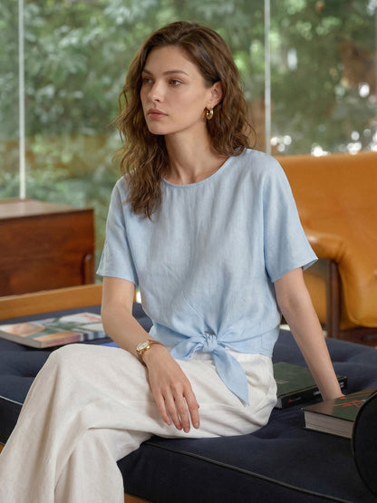 100% Linen Tie Front Drop Shoulder Top PAULA by LINTICO