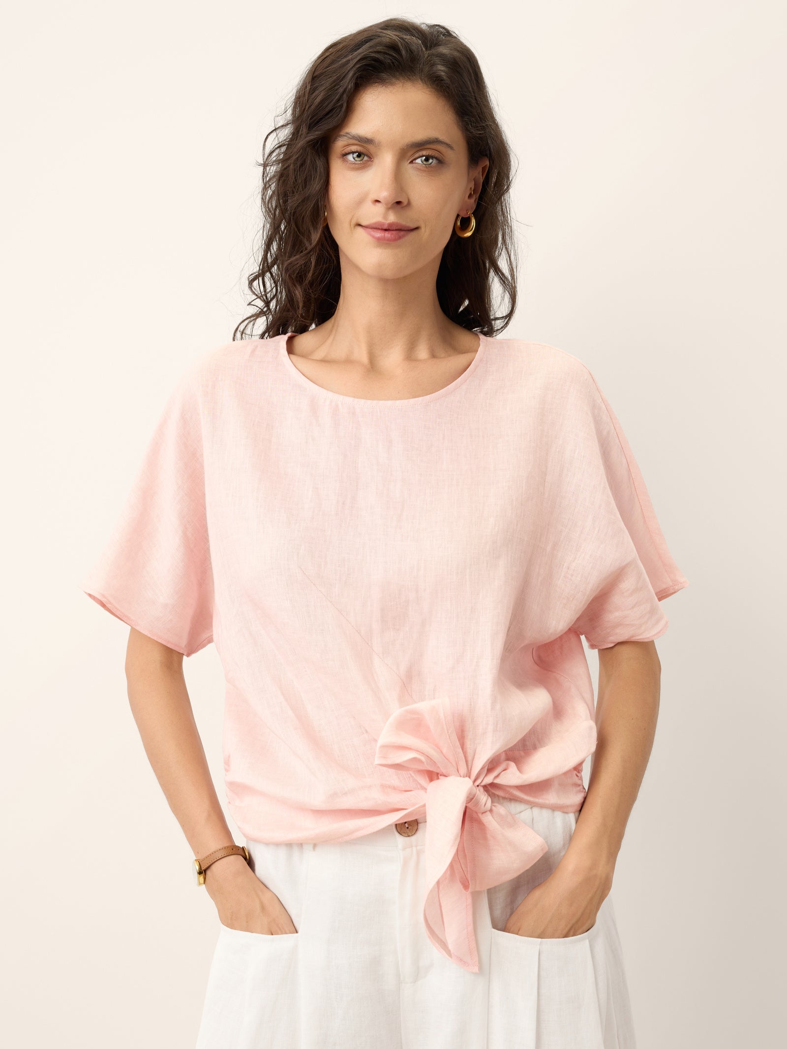 100% Linen Tie Front Drop Shoulder Top PAULA by LINTICO