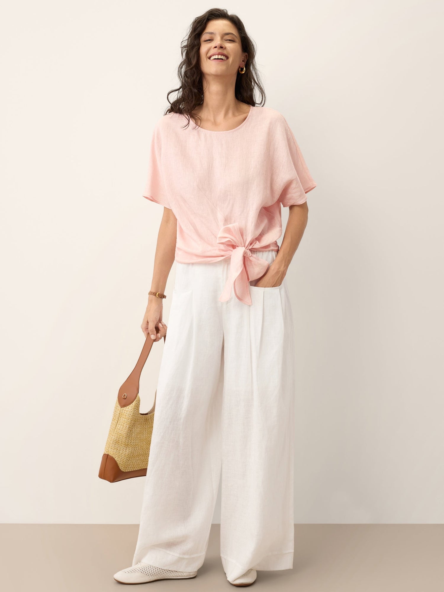 100% Linen Tie Front Drop Shoulder Top PAULA by LINTICO