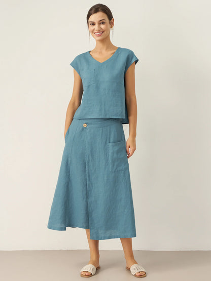 100% Linen V-Neck Cap Sleeve Crop Top FRESSA by LINTICO