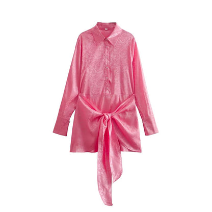 Autumn Women Clothing Surface Jacquard Waist Lace up Office Shirt
