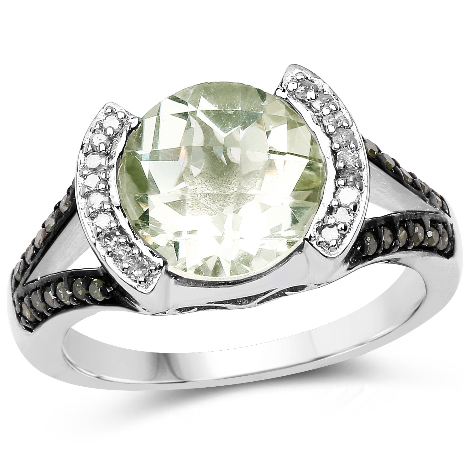 3.59 Carat Genuine Green Amethyst, Green Diamond &amp; White Diamond .925 Sterling Silver Ring
