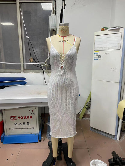 Spring Summer Women Clothing Sexy Camisole Gown Slim Hip Wrapped Mid Length Crisscross