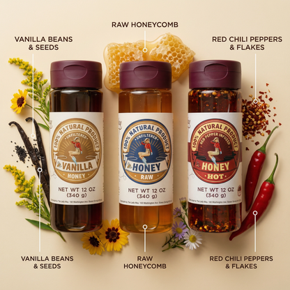 Honey Trio 3-Pack Gift Set - Raw, Hot &amp; Vanilla Honey | Small Batch Farm Grown | Lady May
