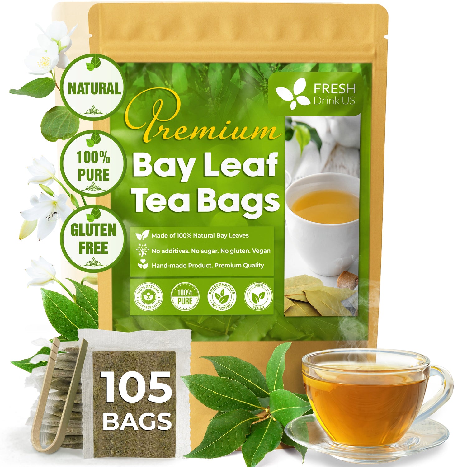 Premium Dried Bay Leaves, Tea Bags, Powder, Bay Leaves Spice, Whole Nice Leaves, Wildcrafted, Fresh Harvested, Bay Leaves For Cooking, Sugar-Free, Gluten Free, Caffeine Free, Vegan by FreshDrinkUS - Natural and Premium Herbal Tea