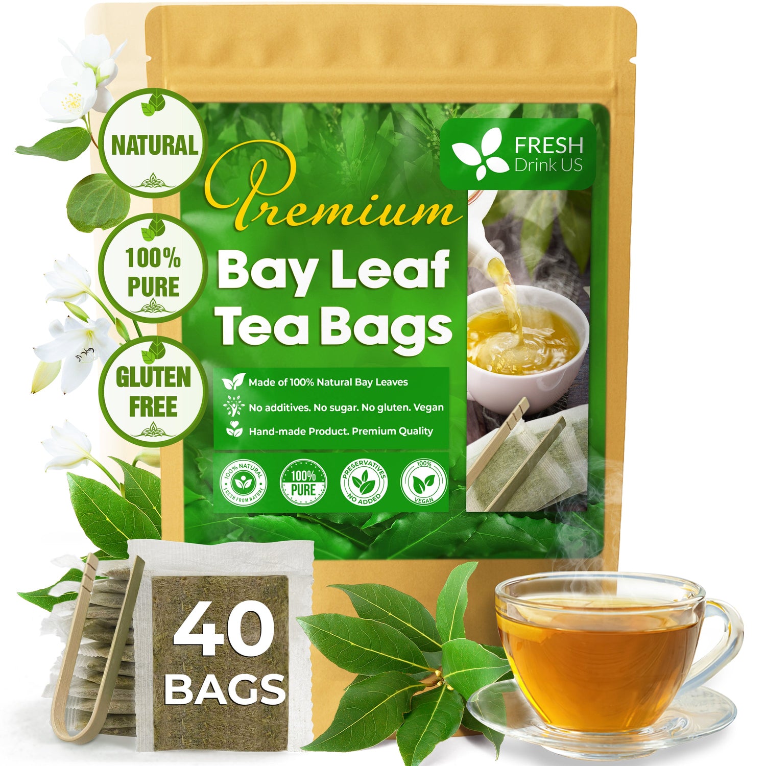 Premium Dried Bay Leaves, Tea Bags, Powder, Bay Leaves Spice, Whole Nice Leaves, Wildcrafted, Fresh Harvested, Bay Leaves For Cooking, Sugar-Free, Gluten Free, Caffeine Free, Vegan by FreshDrinkUS - Natural and Premium Herbal Tea