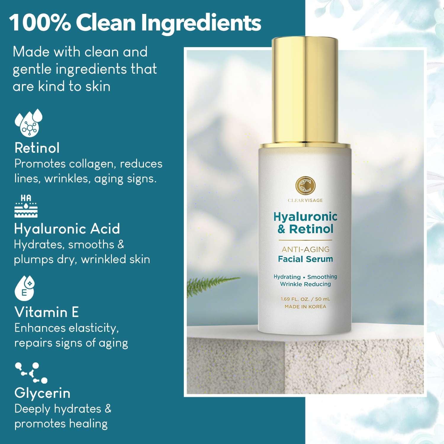 Hyaluronic Acid &amp; Retinol Serum - Revitalizing Anti-Aging, Radiant Glowing Complexion, Wrinkle Reduction - Dermatologist Tested, Korean Skin Care, Clean Beauty - 1.69 Fl. Oz by Korean Skin Care