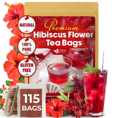 Hibiscus Dried Flowers, Tea Bags, 100% Natural, Pure from Hibiscus Flowers. Loose Flower Hibiscus Herbal Tea. Hibiscus Flower Tea. No Sugar, No Caffeine, No Gluten, Vegan. by FreshDrinkUS - Natural and Premium Herbal Tea