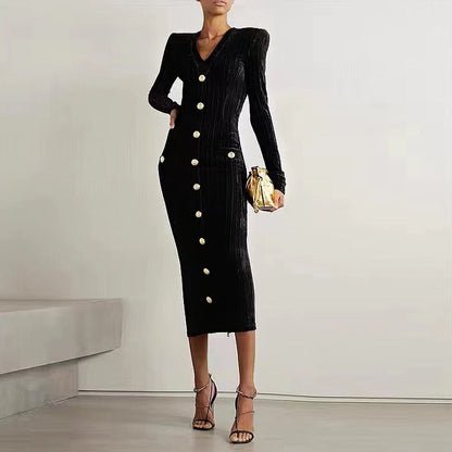 Spring Autumn Socialite Velvet Long Sleeves Slim Fit Slimming Back Zipper Dress