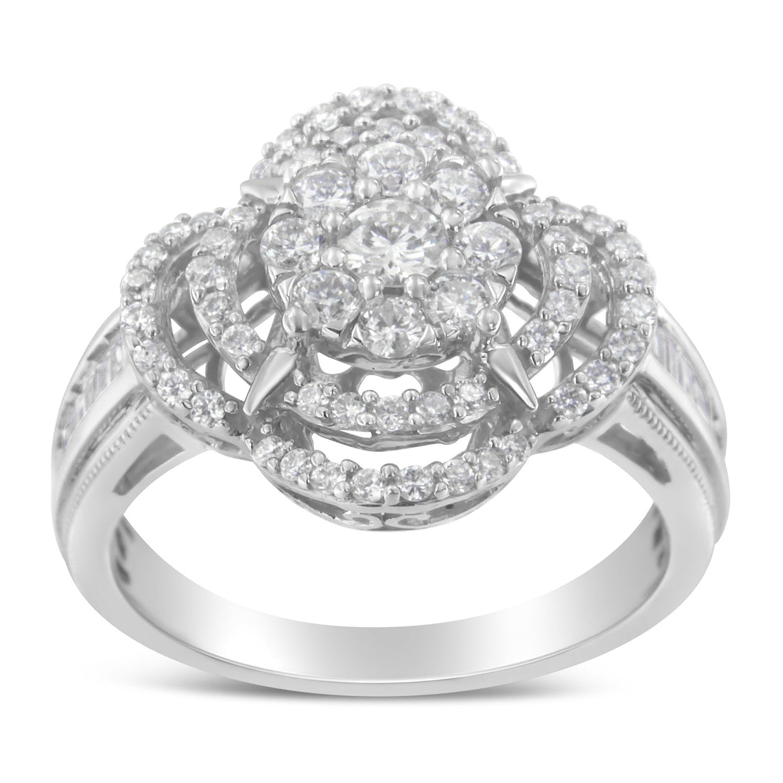 14K White Gold 1.0 Cttw Round &amp; Baguette Cut Diamond Floral Cluster Quatrefoil Channel Set Band Cocktail Statement Ring (H-I Color, SI2-I1 Clarity) - Size 6-3/4