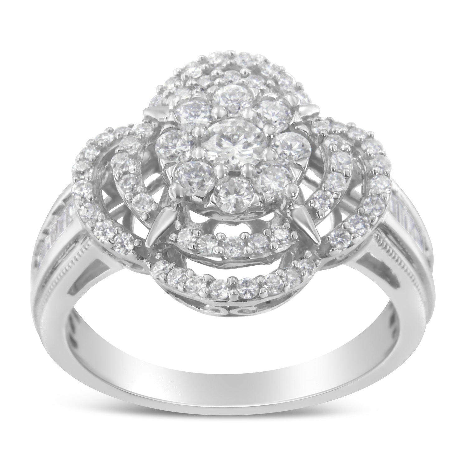 14K White Gold 1.0 Cttw Round &amp; Baguette Cut Diamond Floral Cluster Quatrefoil Channel Set Band Cocktail Statement Ring (H-I Color, SI2-I1 Clarity) - Size 6-3/4