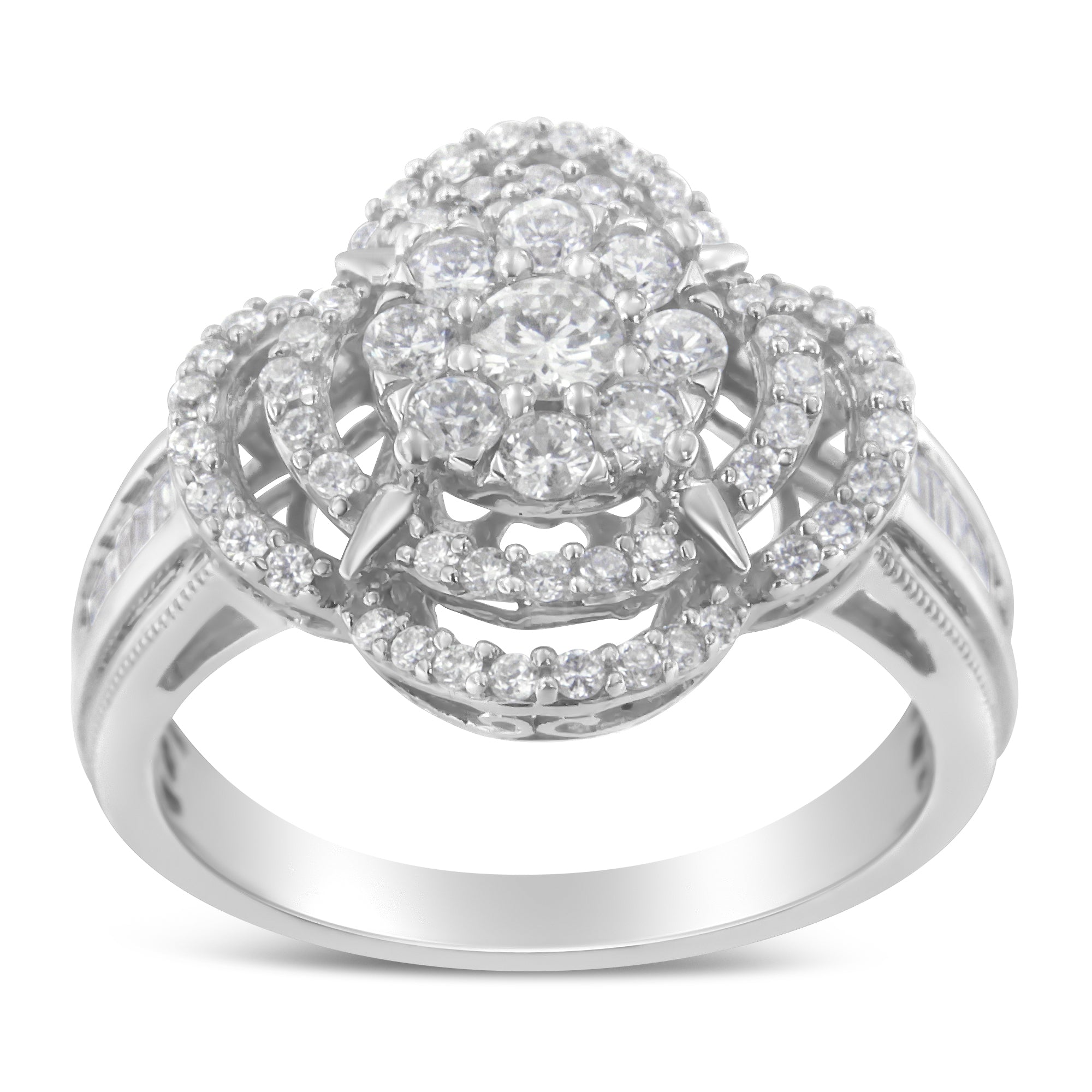 14K White Gold 1.0 Cttw Round &amp; Baguette Cut Diamond Floral Cluster Quatrefoil Channel Set Band Cocktail Statement Ring (H-I Color, SI2-I1 Clarity) - Size 6-3/4