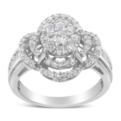 14K White Gold 1.0 Cttw Round &amp; Baguette Cut Diamond Floral Cluster Quatrefoil Channel Set Band Cocktail Statement Ring (H-I Color, SI2-I1 Clarity) - Size 6-3/4