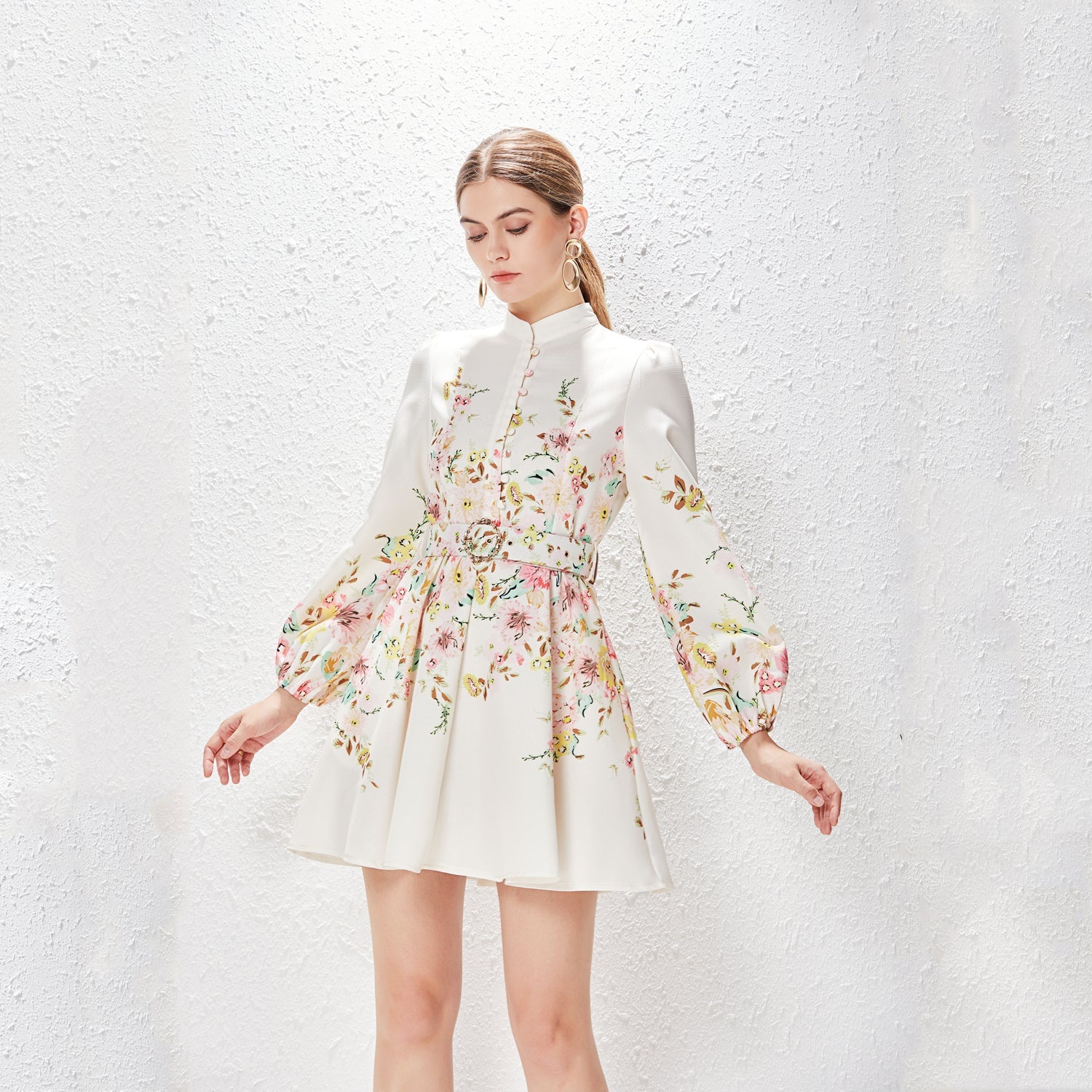 Spring Summer Stand Collar Single Breasted Lantern Sleeve Positioning Printed Dress by Ragazza