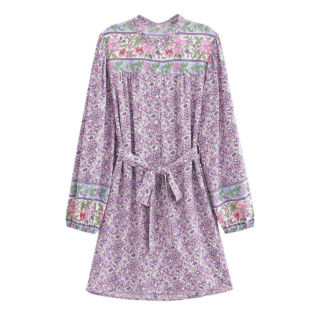 Spring Women Positioning Floral Single Breasted Dress with Belt Long Sleeve Mid Length Dress