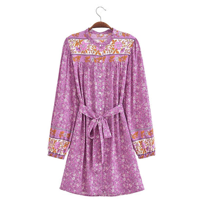 Spring Women Positioning Floral Single Breasted Dress with Belt Long Sleeve Mid Length Dress