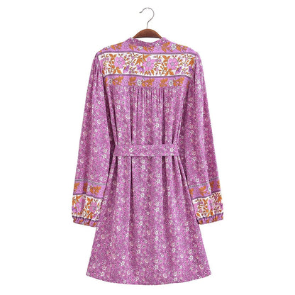 Spring Women Positioning Floral Single Breasted Dress with Belt Long Sleeve Mid Length Dress