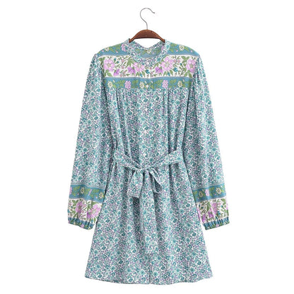 Spring Women Positioning Floral Single Breasted Dress with Belt Long Sleeve Mid Length Dress