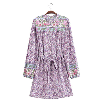 Spring Women Positioning Floral Single Breasted Dress with Belt Long Sleeve Mid Length Dress