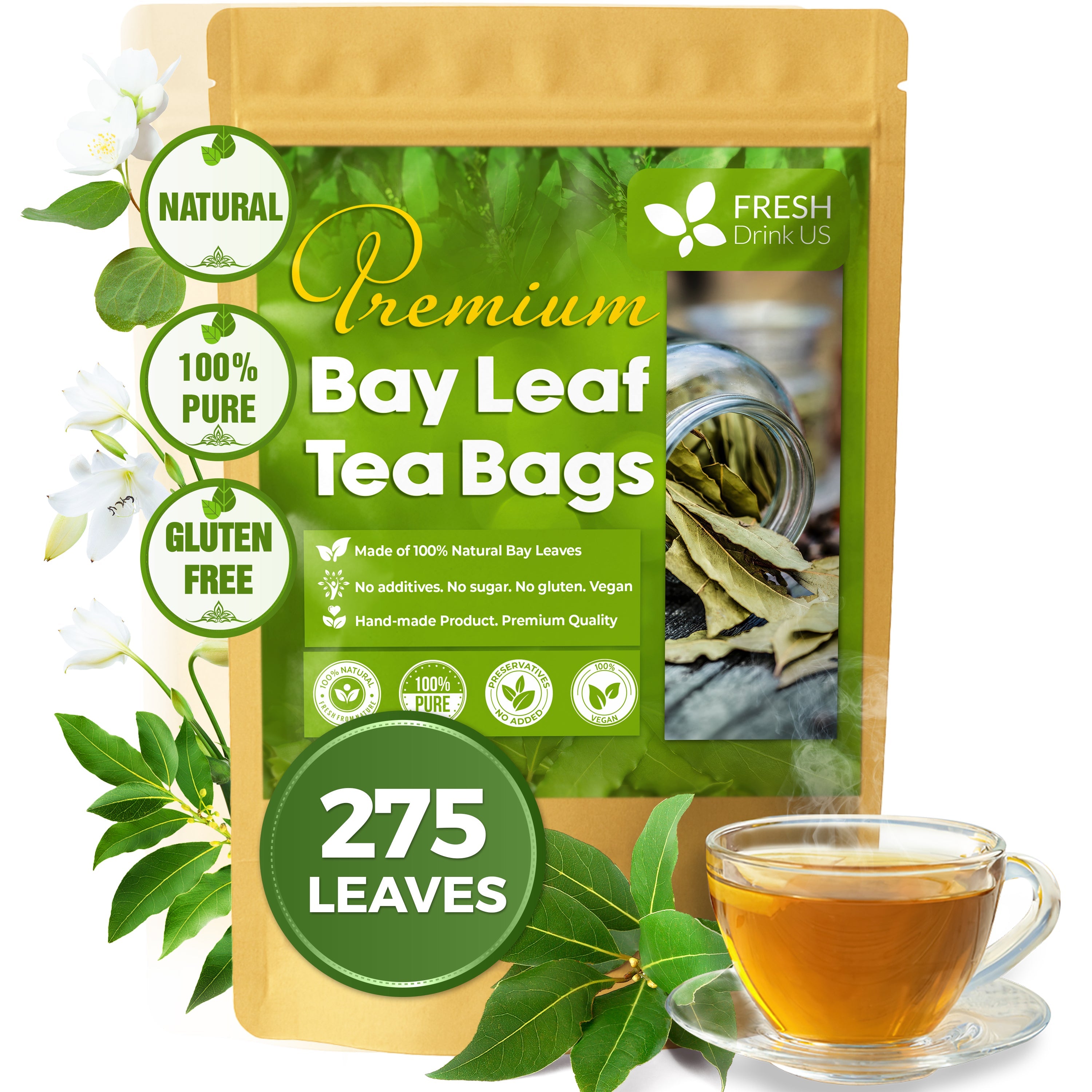 Premium Dried Bay Leaves, Tea Bags, Powder, Bay Leaves Spice, Whole Nice Leaves, Wildcrafted, Fresh Harvested, Bay Leaves For Cooking, Sugar-Free, Gluten Free, Caffeine Free, Vegan by FreshDrinkUS - Natural and Premium Herbal Tea