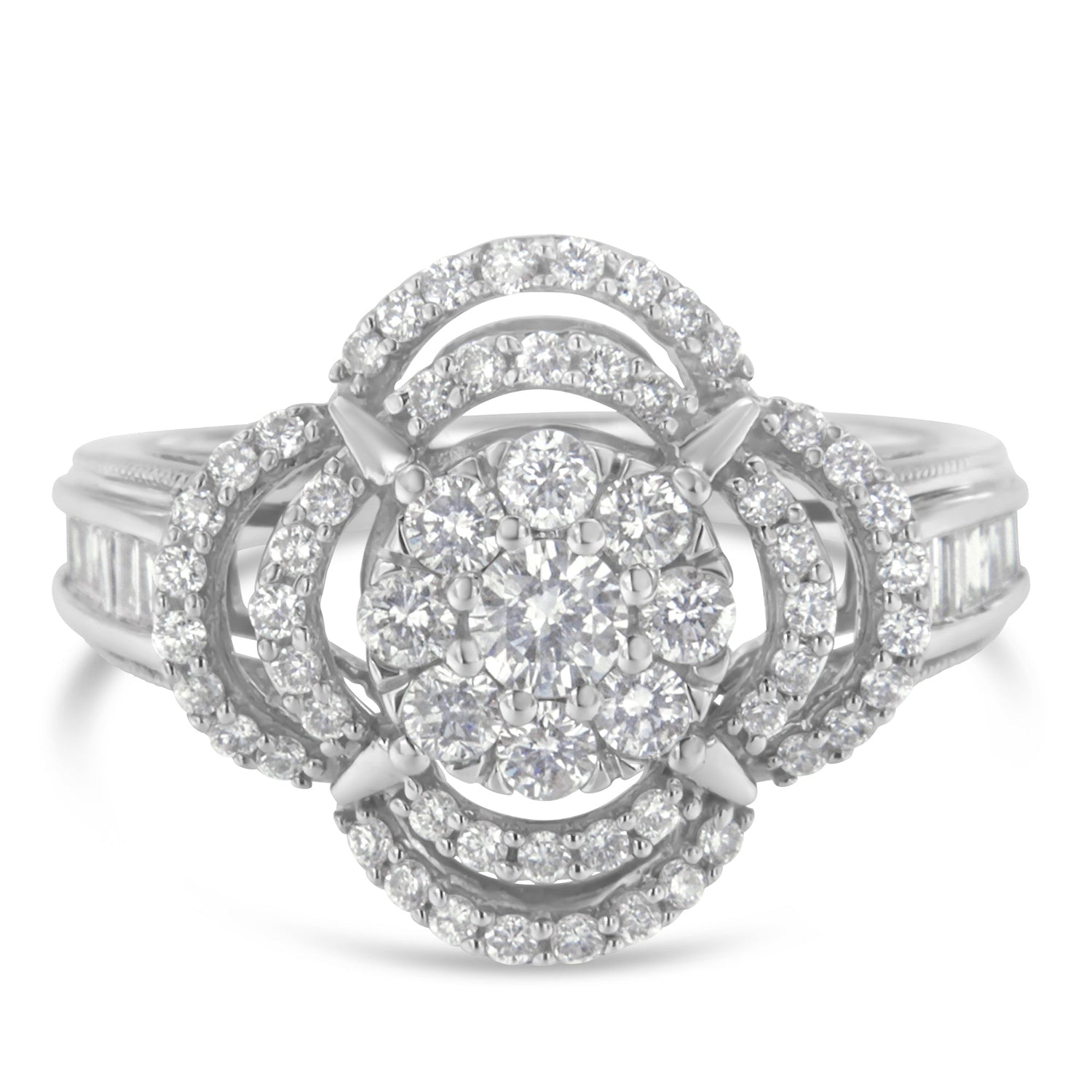 14K White Gold 1.0 Cttw Round &amp; Baguette Cut Diamond Floral Cluster Quatrefoil Channel Set Band Cocktail Statement Ring (H-I Color, SI2-I1 Clarity) - Size 6-3/4
