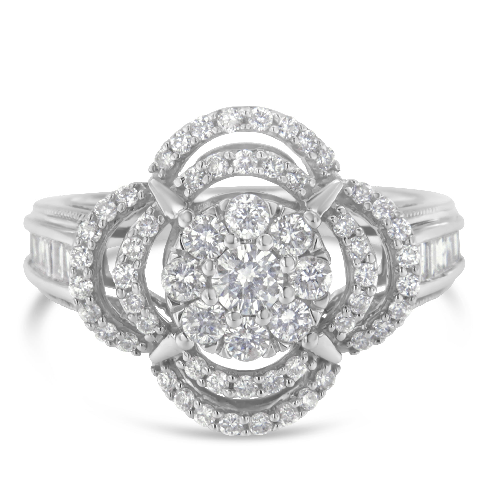 14K White Gold 1.0 Cttw Round &amp; Baguette Cut Diamond Floral Cluster Quatrefoil Channel Set Band Cocktail Statement Ring (H-I Color, SI2-I1 Clarity) - Size 6-3/4