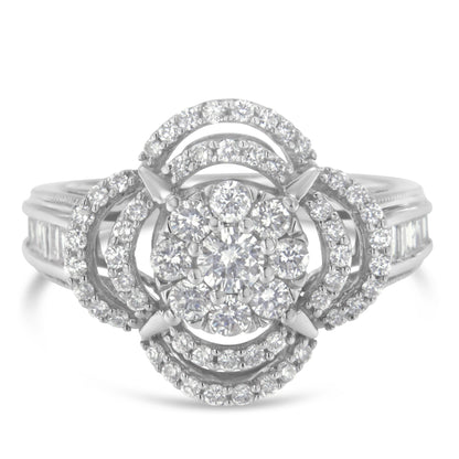 14K White Gold 1.0 Cttw Round &amp; Baguette Cut Diamond Floral Cluster Quatrefoil Channel Set Band Cocktail Statement Ring (H-I Color, SI2-I1 Clarity) - Size 6-3/4