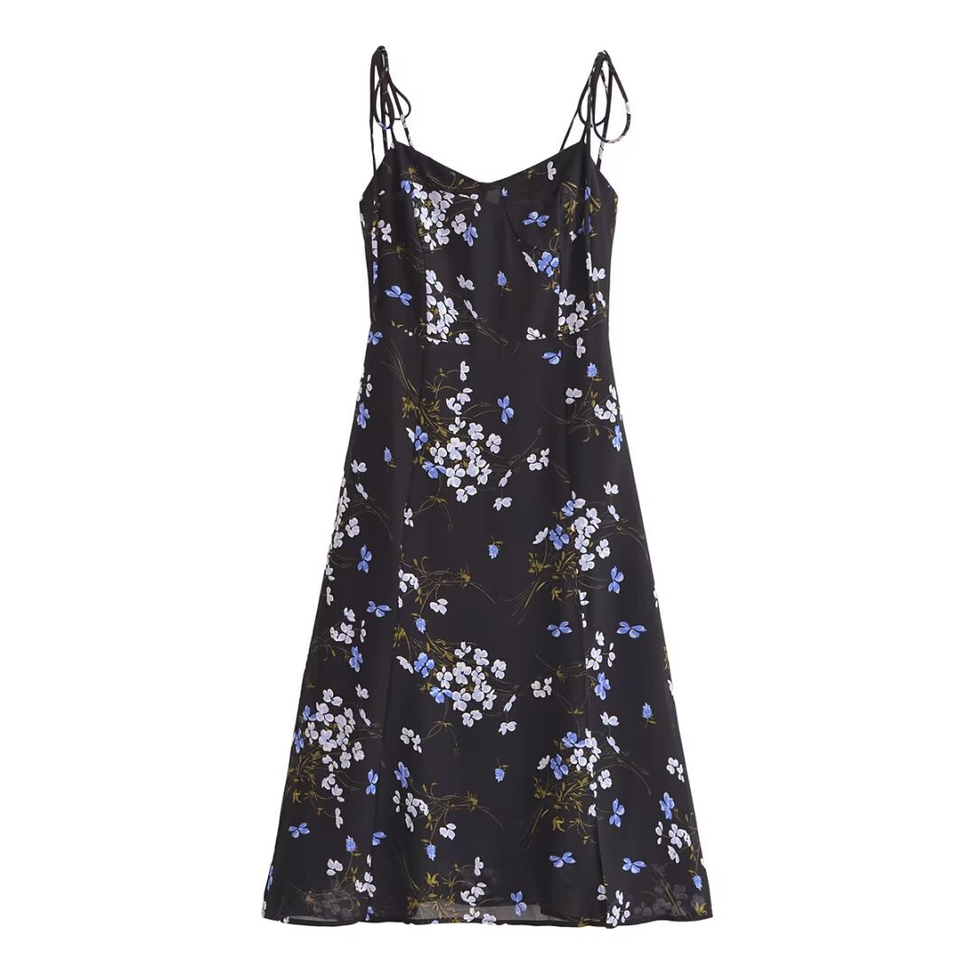 Spring Women Floral Print Vacation Sexy Slit Tied Spaghetti Strap Dress by Ragazza