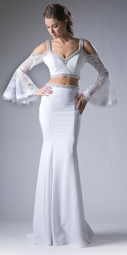 Cinderella Divine 13114 Two Piece Gown Cold Shoulder Trumpet Sleeves by DiscountDressShop