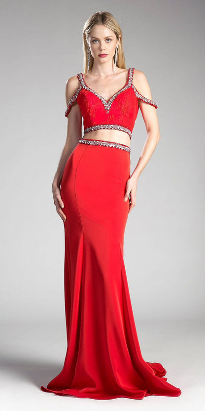 Cinderella Divine 13114A Cold-Shoulder Crop Top Two-Piece Long Dress by DiscountDressShop