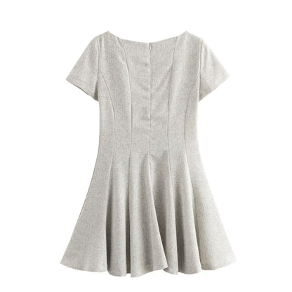 Women French Wave Wide Swing round Neck Short Sleeve Dress