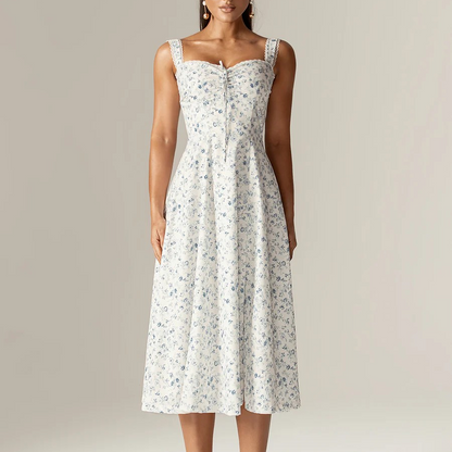 Spring Floral Print Lace Trim High Waist Slim Mid Length Sling Dress by Ragazza