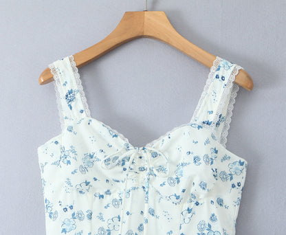 Spring Floral Print Lace Trim High Waist Slim Mid Length Sling Dress by Ragazza