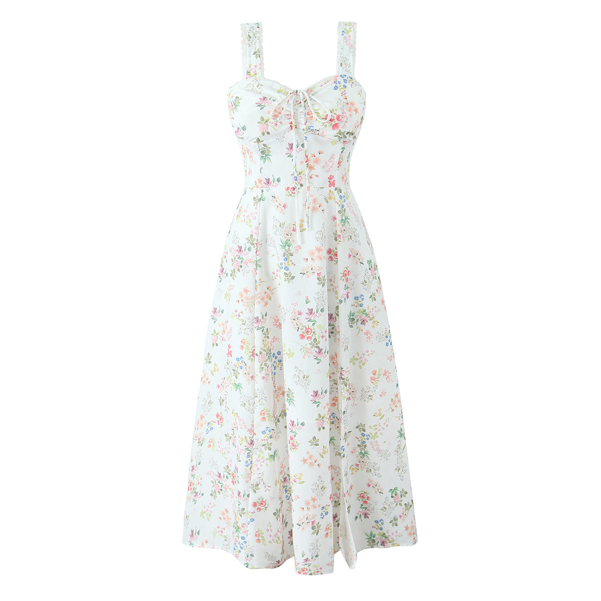 Spring Floral Print Lace Trim High Waist Slim Mid Length Sling Dress by Ragazza