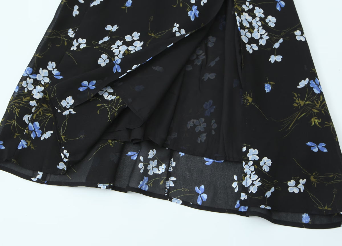 Spring French Vintage Floral Printed High Waist Sexy Side Split Hem Sling Dress by Ragazza